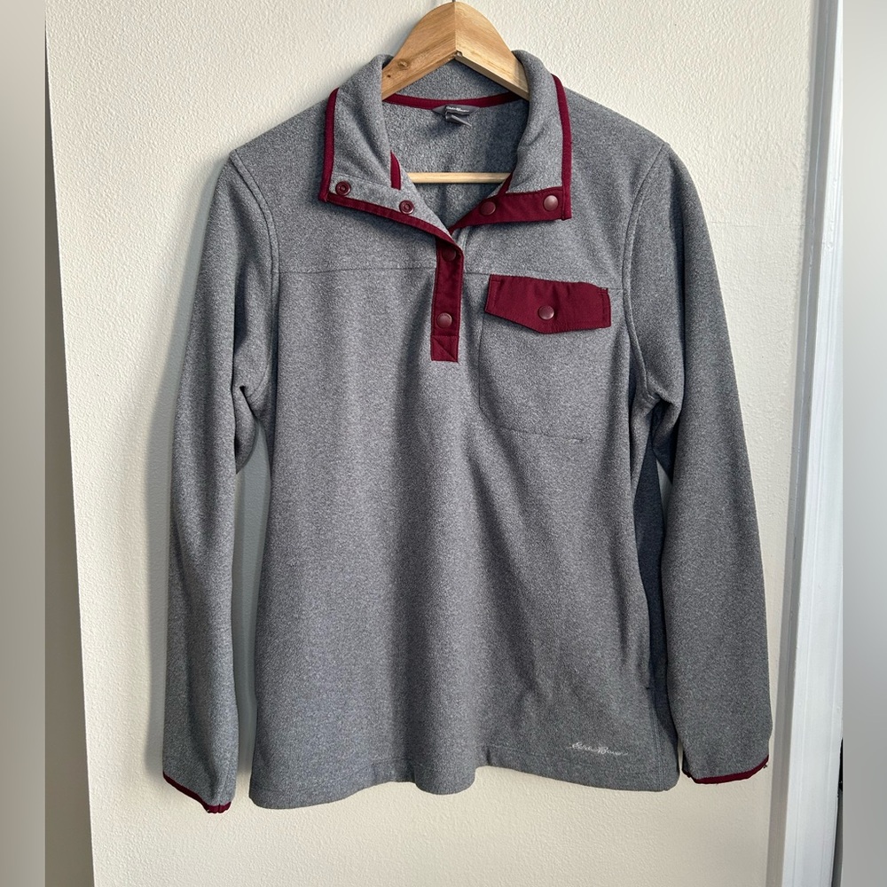 Eddie Bauer Women's Quest Quarter Snap Pullover Fleece Gray Red Size M